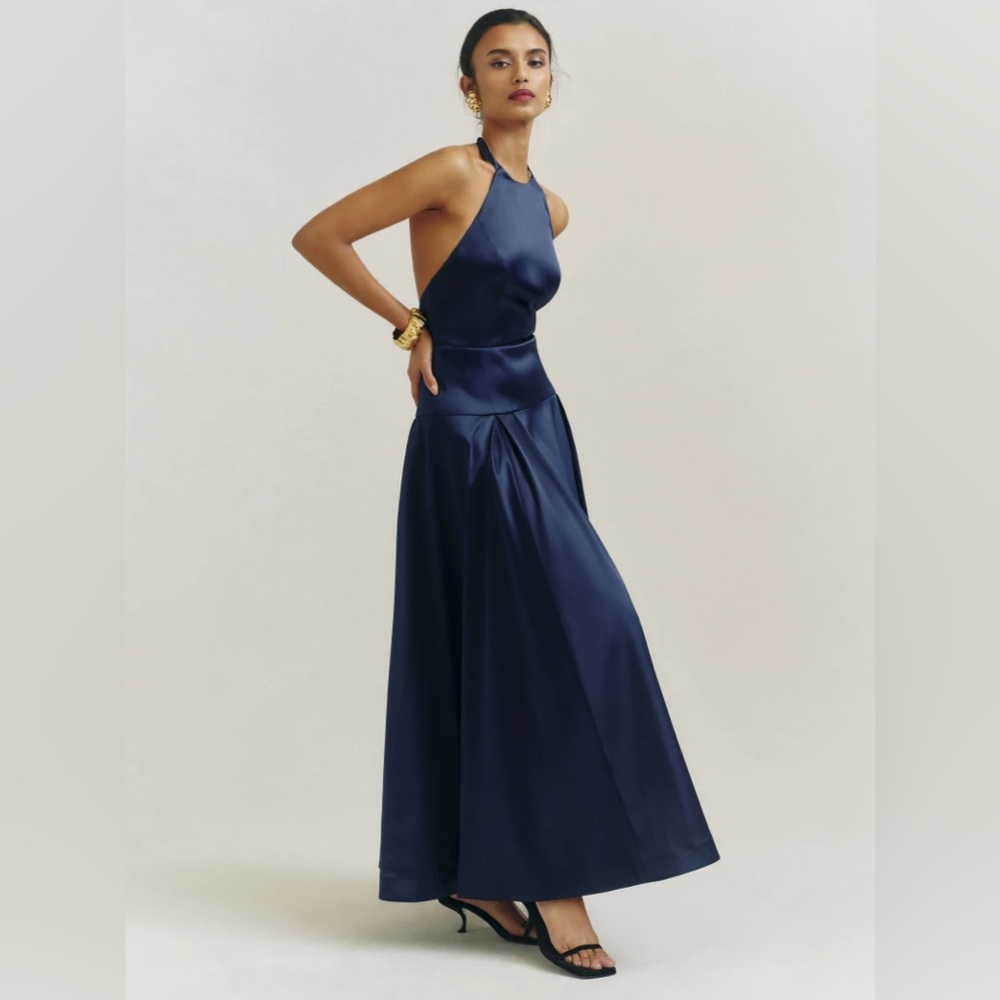 Reformation Lillyann Navy Satin Halter Dress